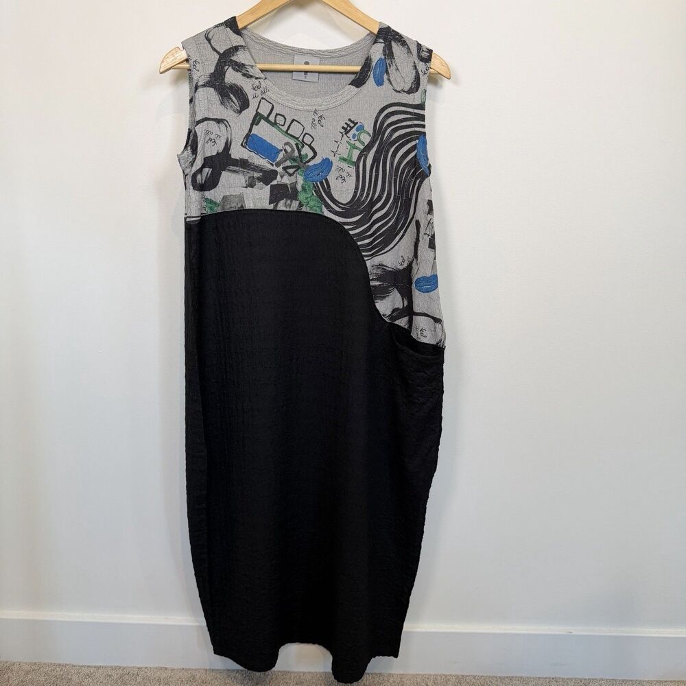Inoah Dress Womens Small Black Sleeveless Abstract Midi Artsy Pocket Lagenlook